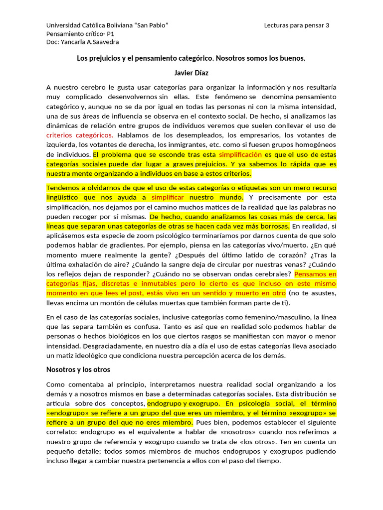 3 Los Prejuicios y El Pensamiento Categórico | PDF