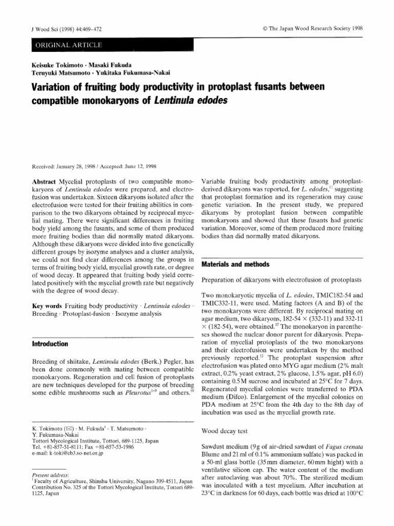 Variation of Fruiting Body Productivity in Protoplast Fusants | PDF