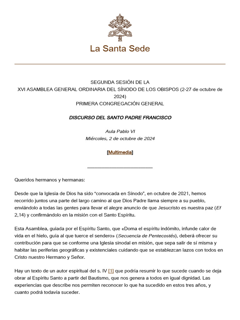 Sínodo de Obispos: Asamblea Octubre 2024 | PDF | Iglesia Católica ...