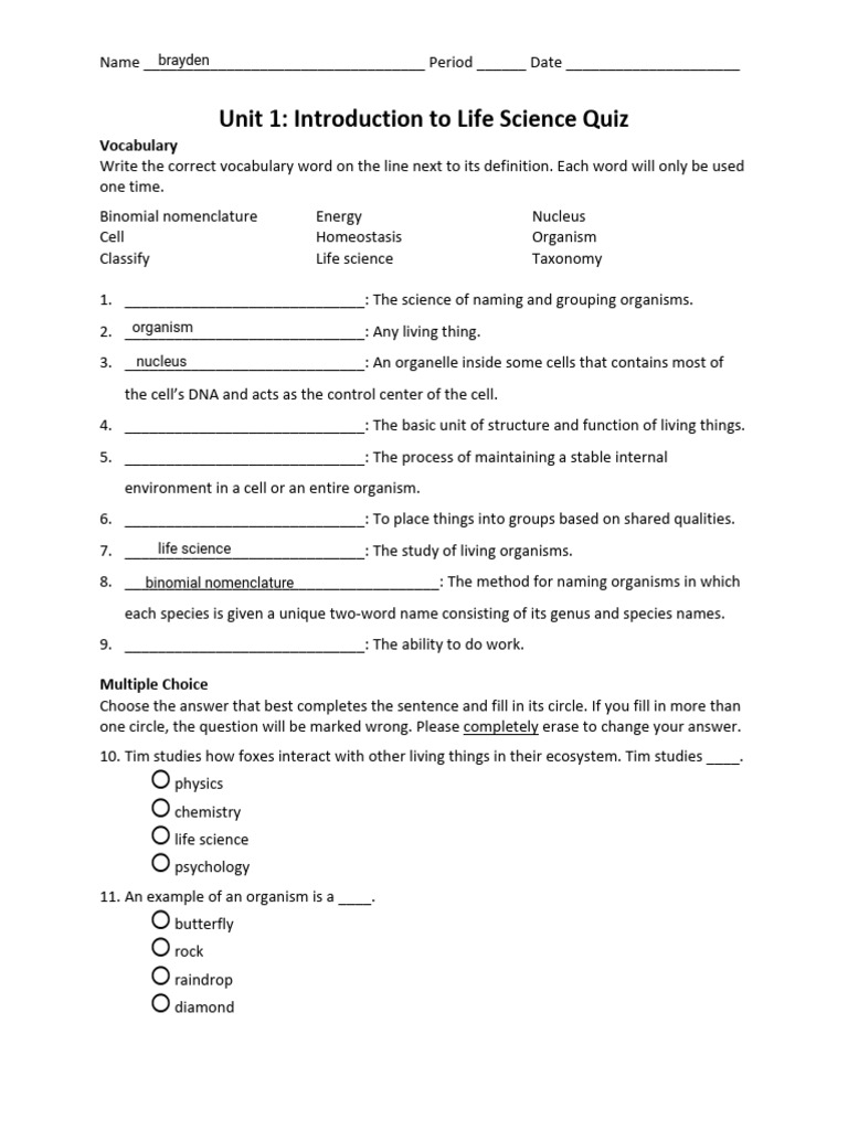 Kami Export - Brayden GALLO - Unit 1 Quiz | PDF | Organisms | Biology