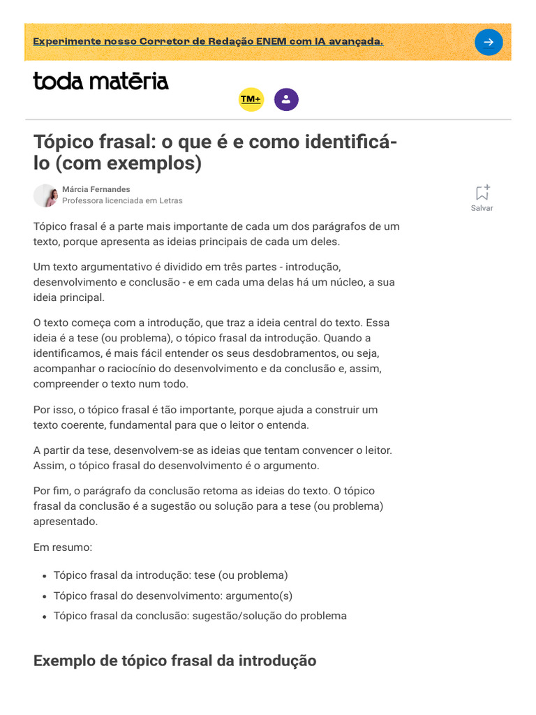 Tópico Frasal - o Que É e Como Identificá-Lo (Com Exemplos) - Toda ...