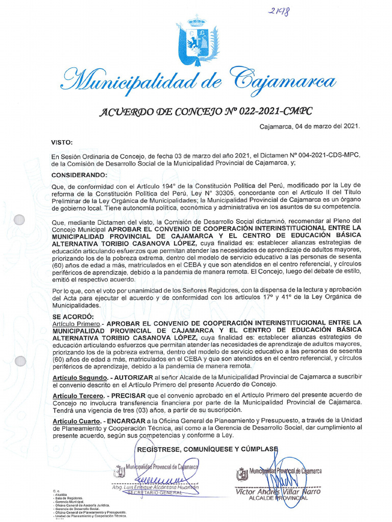 Convenio Entre La MPC y Ceba Toribio Casanova Lopez PDF | PDF