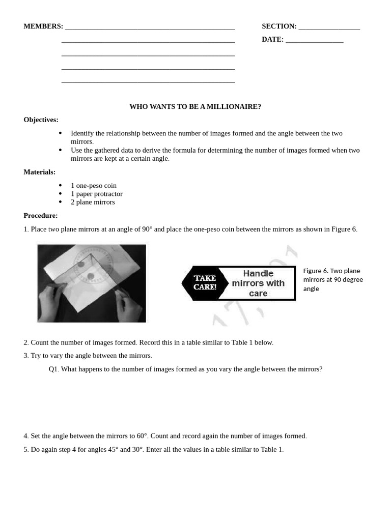 Refletion in Mirrors Activity | PDF