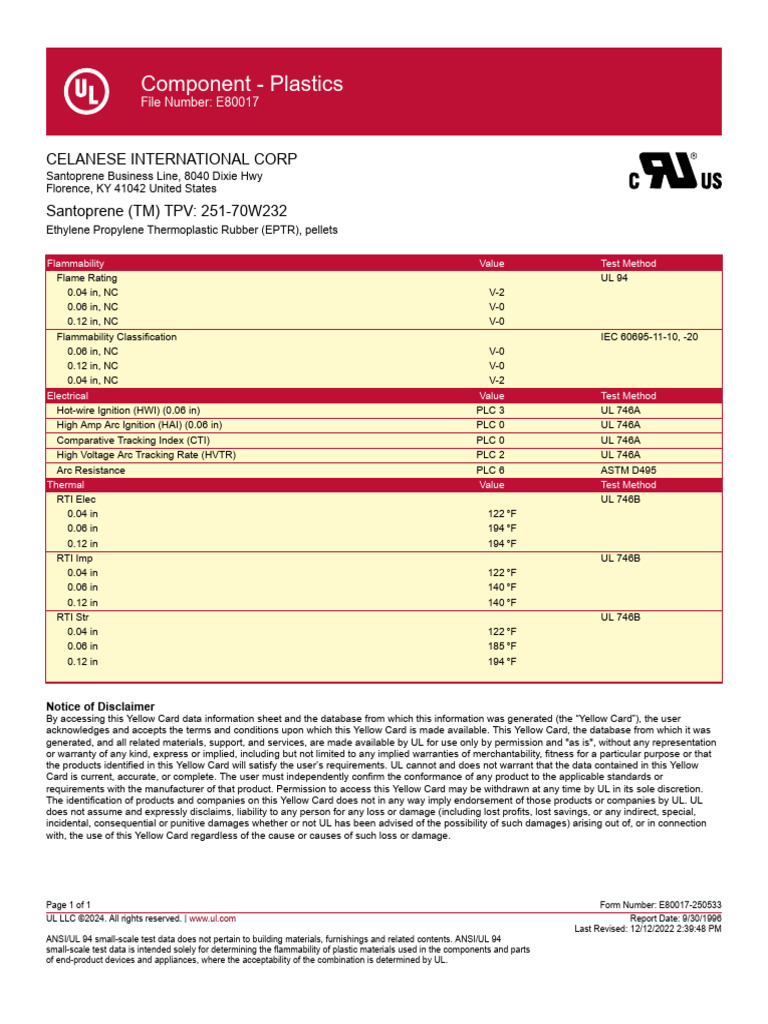 Flammability Data for Santoprene TPV | PDF