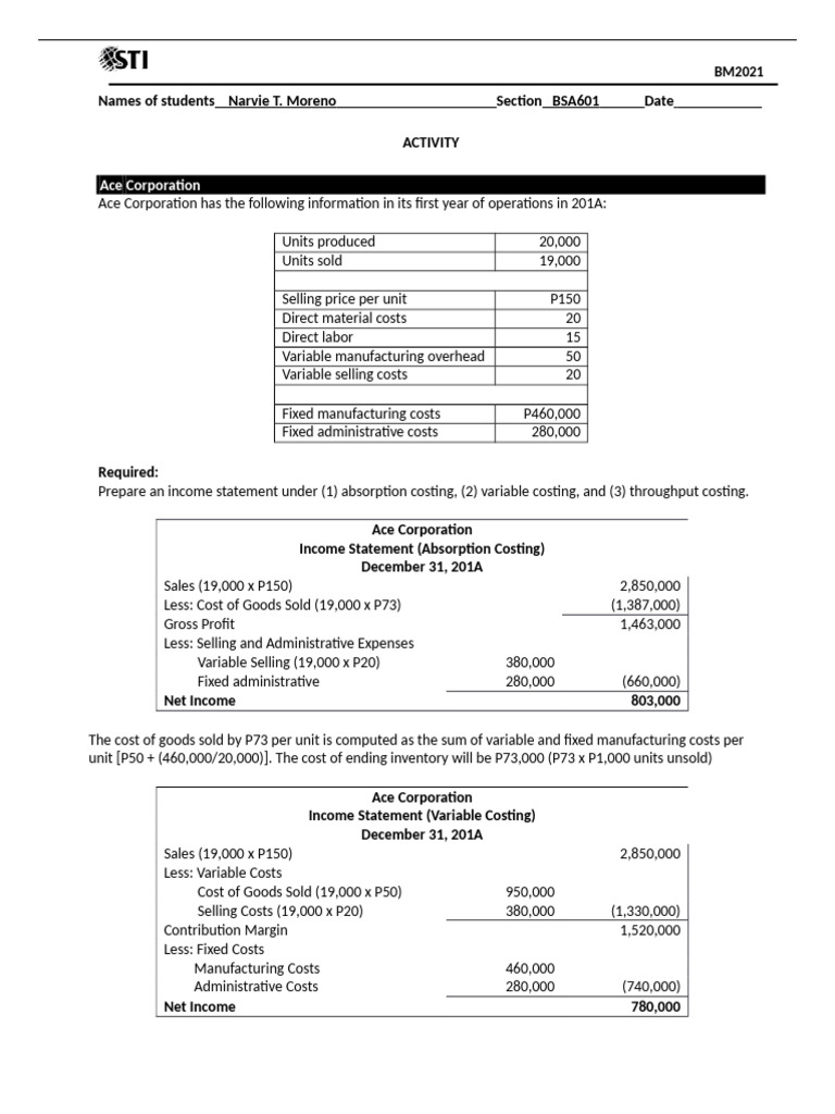 Income Statements for Ace Corporation | PDF | Net Income | Inventory