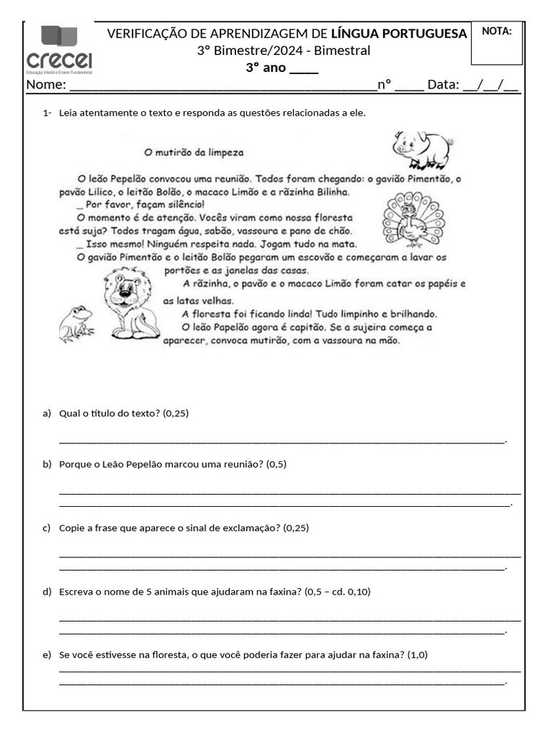 Verificação de Aprendizagem Português 3º Ano | PDF | Famílias linguísticas