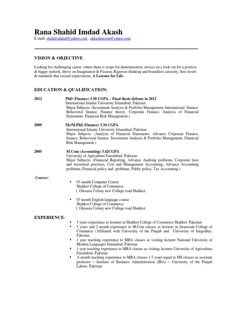 Academic Profile of Rana Shahid Imdad | PDF | Pakistan | Stocks