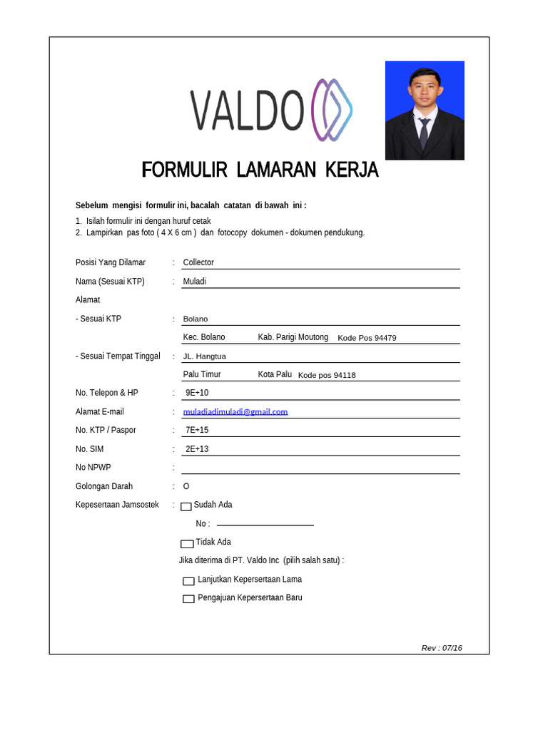 Form Lamaran Kerja Valdo Juni 2023 x1 | PDF
