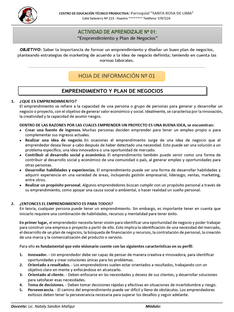 1 - Emprendimiento y Plan de Negocio | PDF