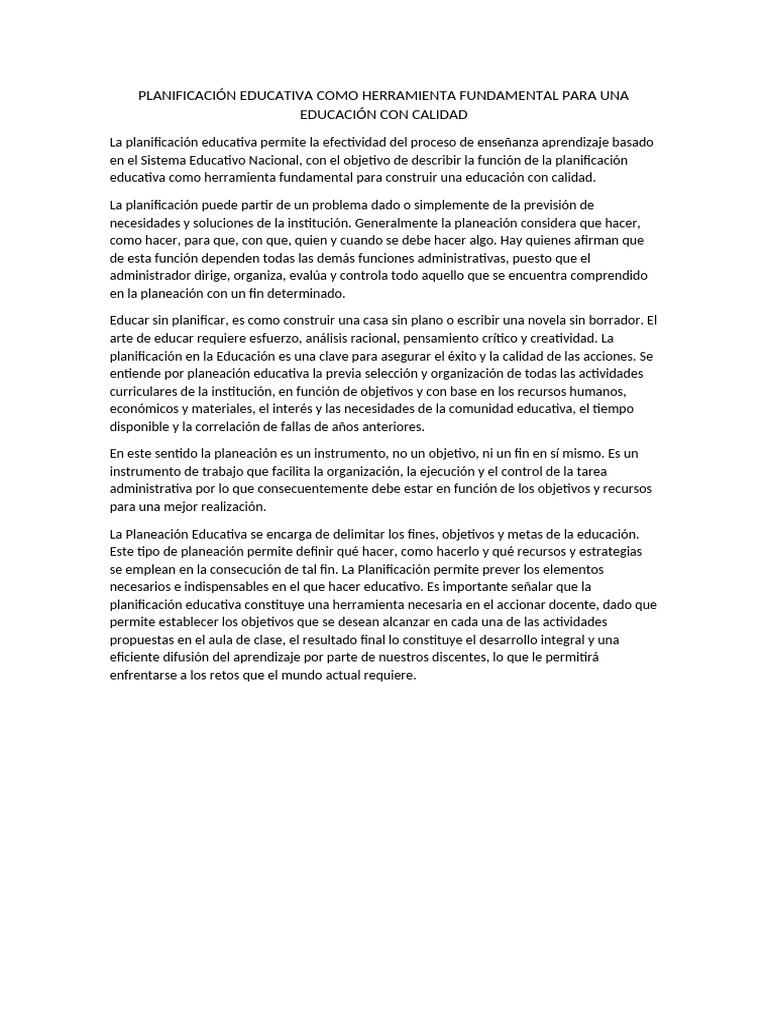 Planificación Educativa para Calidad Educativa | PDF | Planificación ...