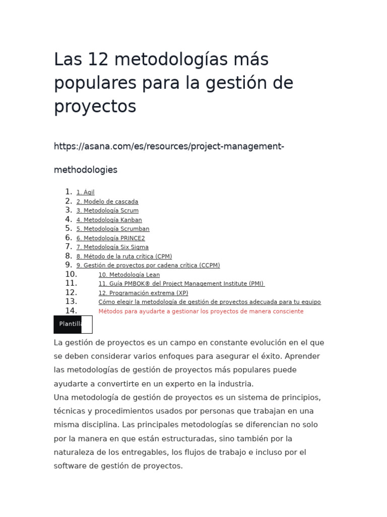Las 12 Metodologías Más Populares para La Gestión de Proyectos | PDF