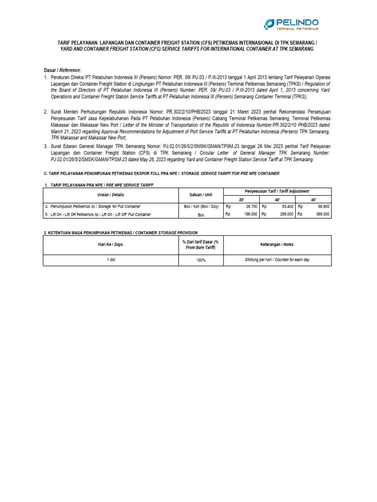 Yard and Container Freight Station (CFS) Service Tariffs For ...