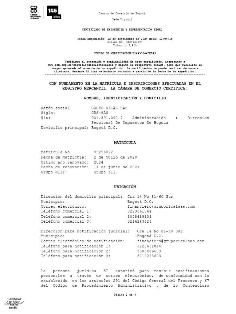CERTIFICADO RICAL | PDF