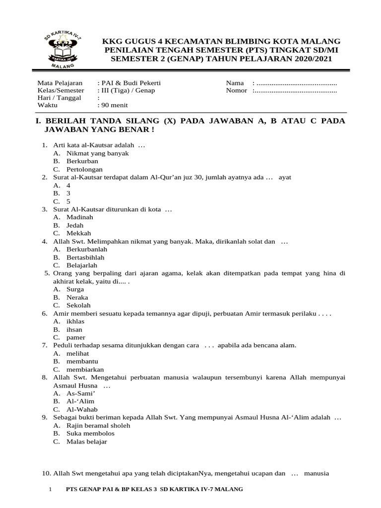 PTS SMT 2 KLS 3 Tahun Pelajaran 2020-2021 | PDF