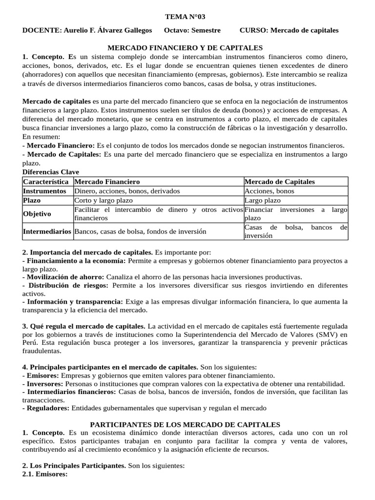 TEMA 3 Mercado Financiero y de Capitales | PDF | Bolsa | Inversiones