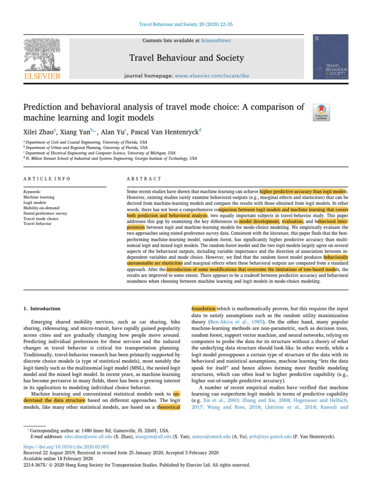 Prediction and Behavioral Analysis of Travel Mode Choice - A Comparison ...