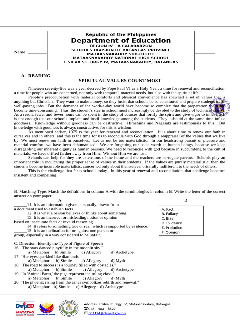 4th Periodical Test in English 7 | PDF