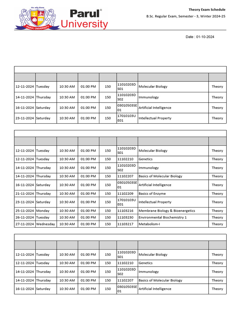 Theory Exam Schedule B SC Regular Exam Semester 3 Winter 2024 25 | PDF ...