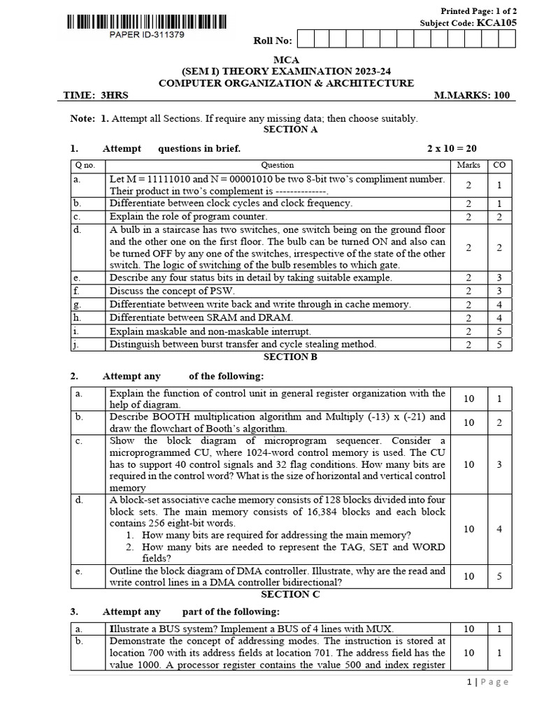 Mca 1 Sem COA 2024 | PDF