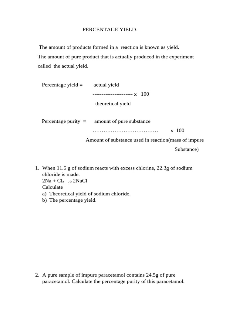 PERCENTAGE YIELD - Mole Concept | PDF