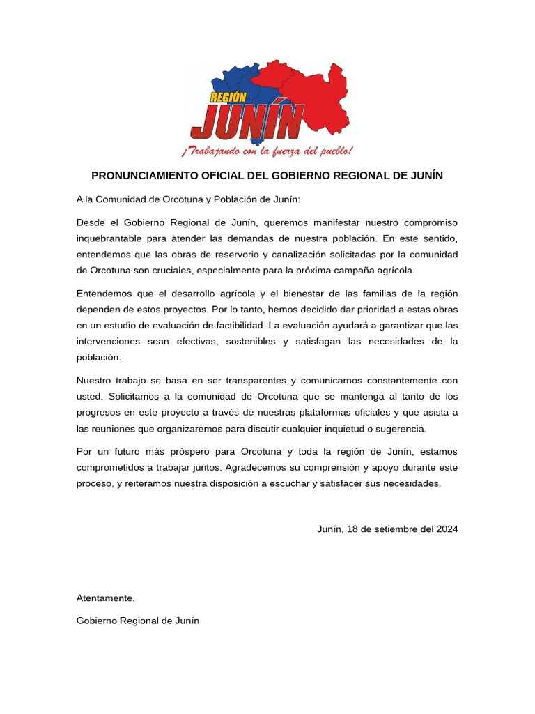 Pronunciamiento Oficial Del Gobierno Regional de Junín | PDF | Ciencias ...