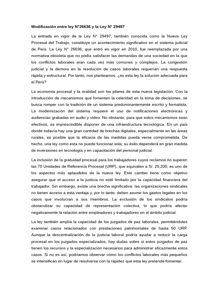 Modificación Entre Ley N°26636 y La Ley #29497 | PDF