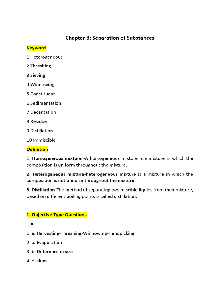 Separation of Substances Notes and Work Book | PDF