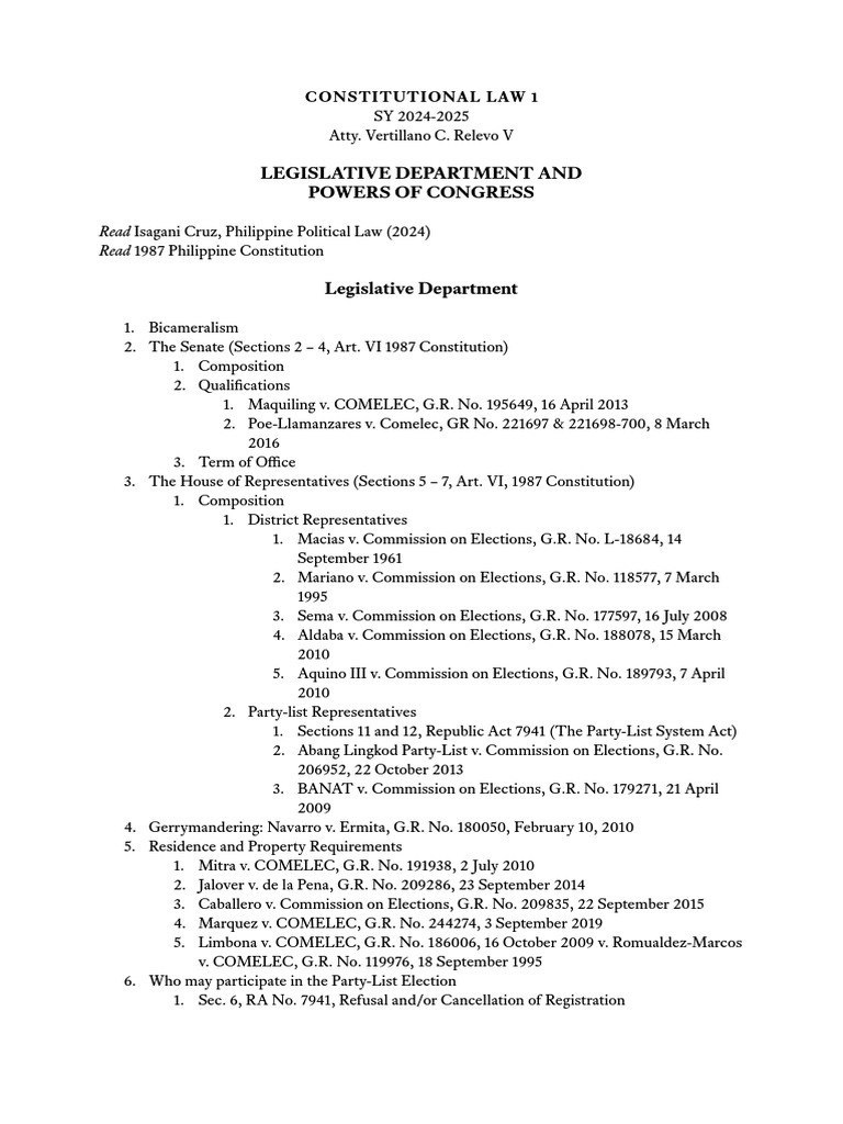 Constitutional Law 1 Legislative Department and Powers of Congress 4 | PDF