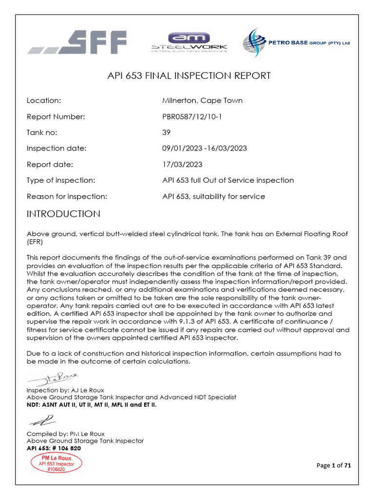 1.TANK 39 FINAL API653 Inspection Report | PDF