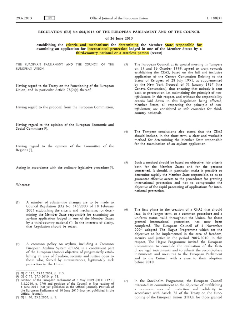 Dublin Regulation III Regulation EU No 604-2013 | PDF