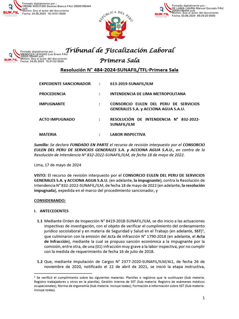 Tribunal de Fiscalización Laboral: Resolución #484-2024-SUNAFIL/TFL