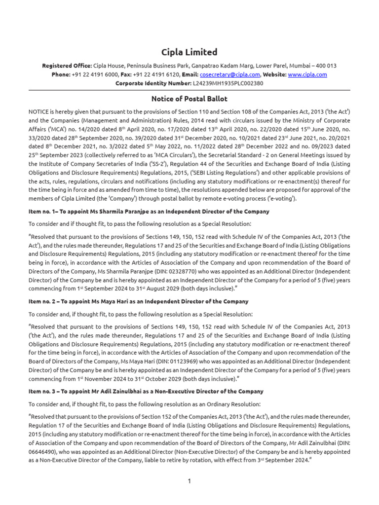 Cipla Limited Postal Ballot Notice | PDF | Login | Finance & Money ...