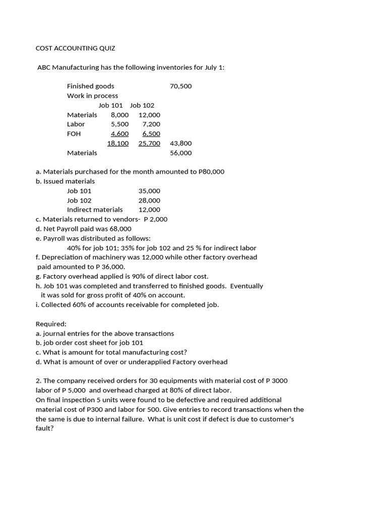 Cost accounting quiz pdf