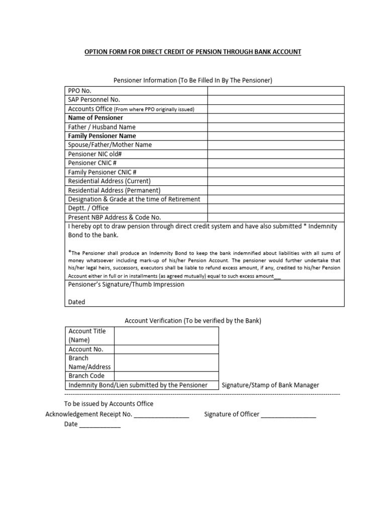 Option Form For Direct Credit of Pension Through Bank Account | PDF