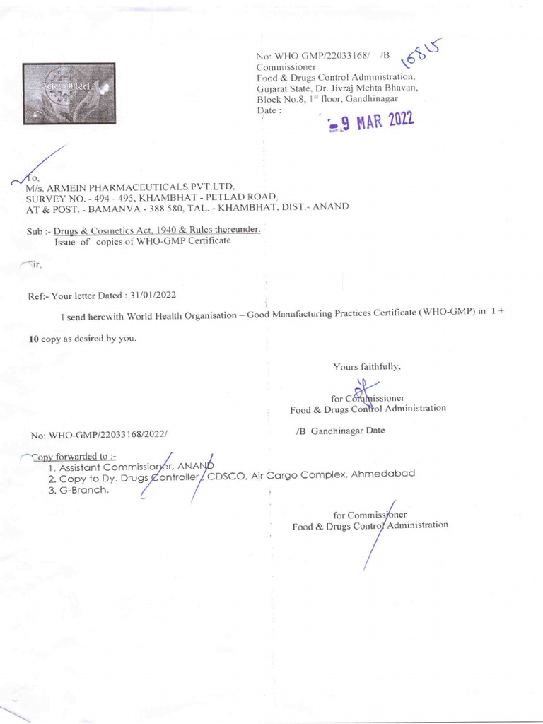 WHO GMP Certificate Document | PDF