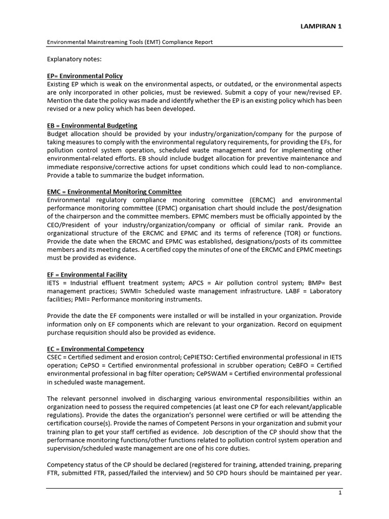 EMT Compliance Report Explanatory Notes | PDF
