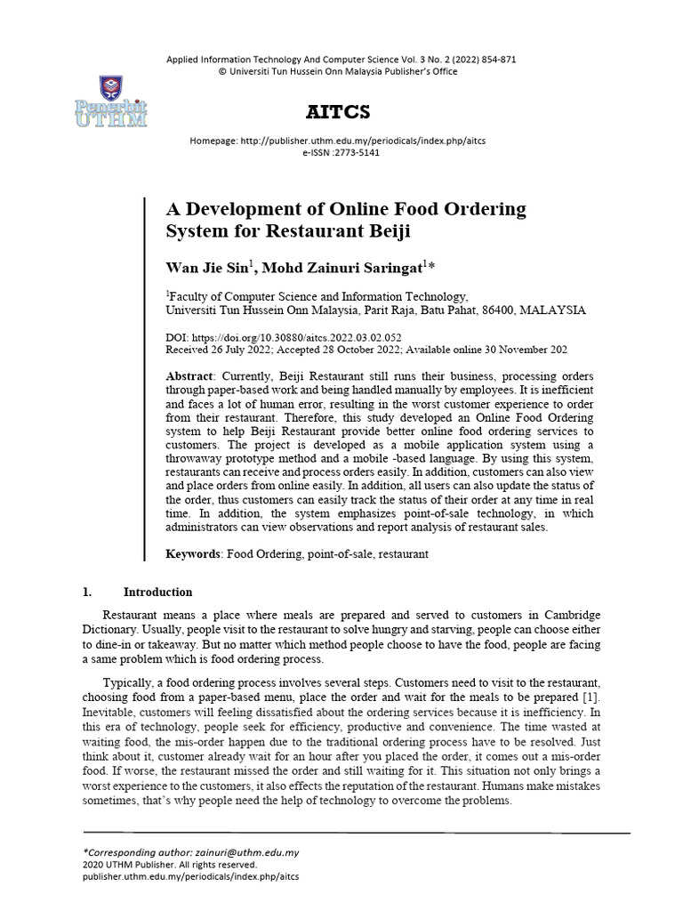 A Development of Online Food Ordering System For Restaurant Beiji | PDF