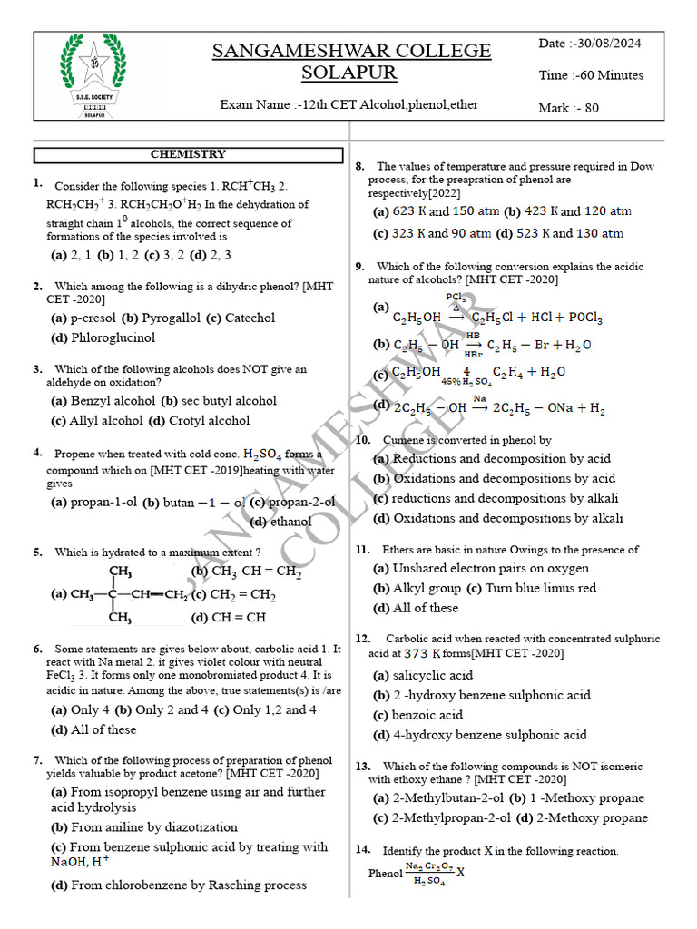 Alcohol, Phenol, Ether DPP CHEMISTRY 30-08-2024 | PDF