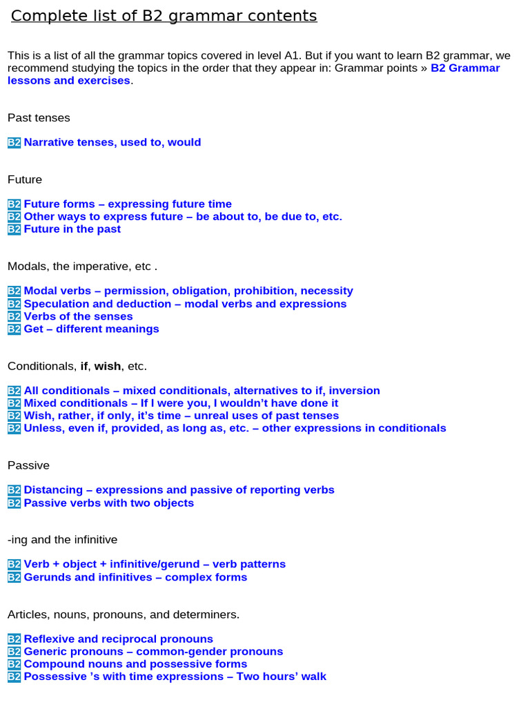 Complete List of B2 Grammar Contents | PDF