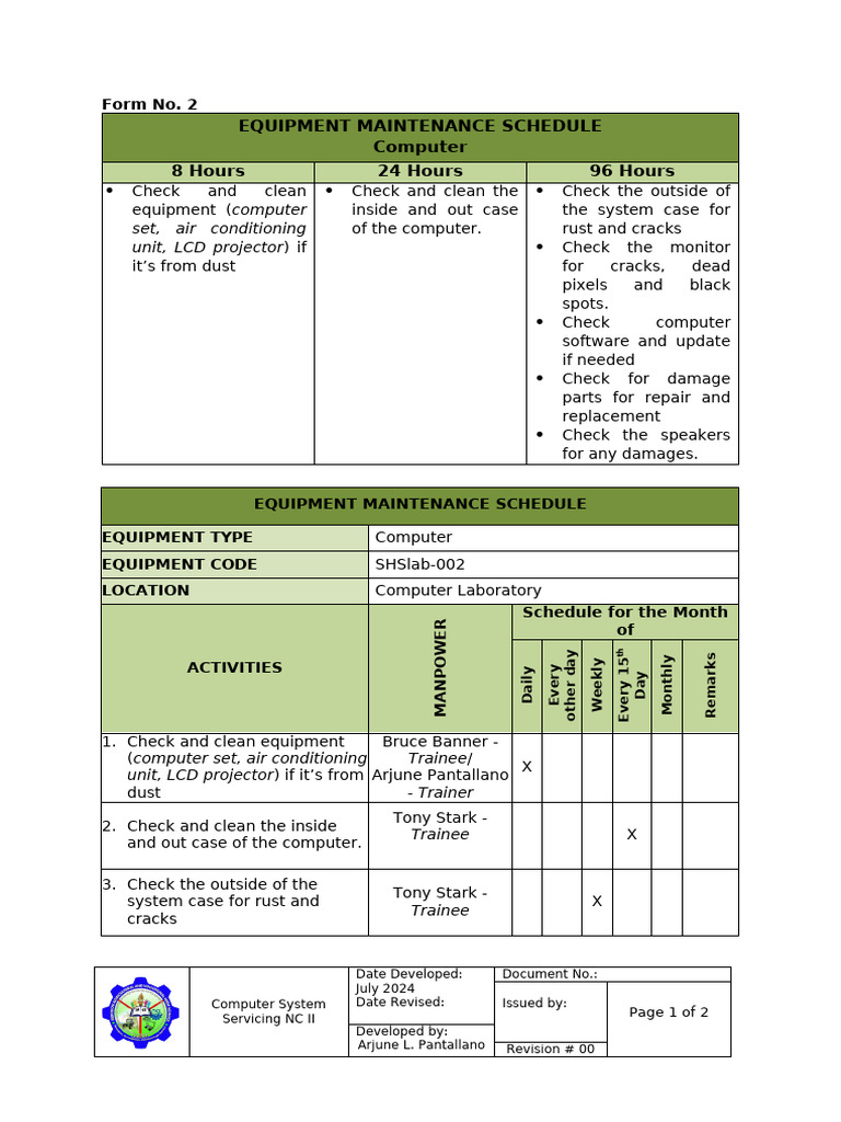 Form 2 - Equipment Maintenance Schedule - ALPantallano | PDF