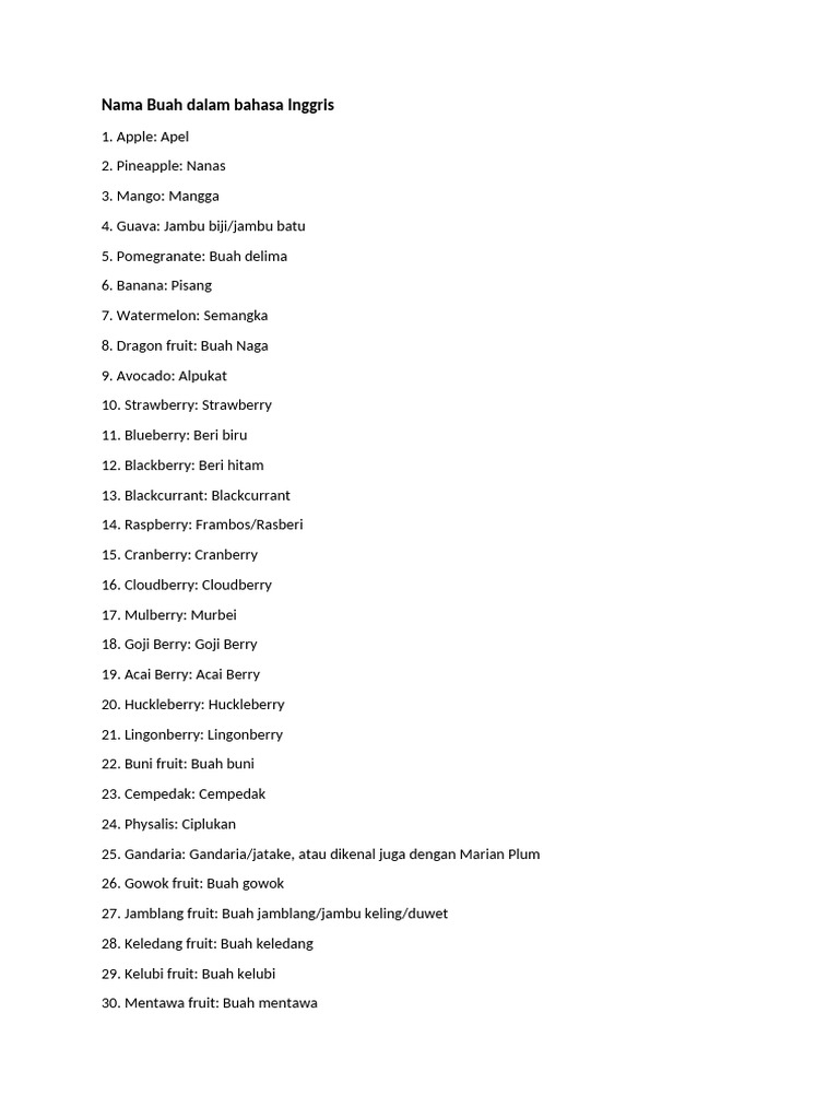 Nama Buah Dalam Bahasa Inggris | PDF