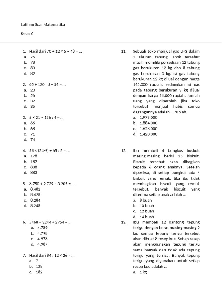 Kelas 6 Latihan Soal Matematika | PDF