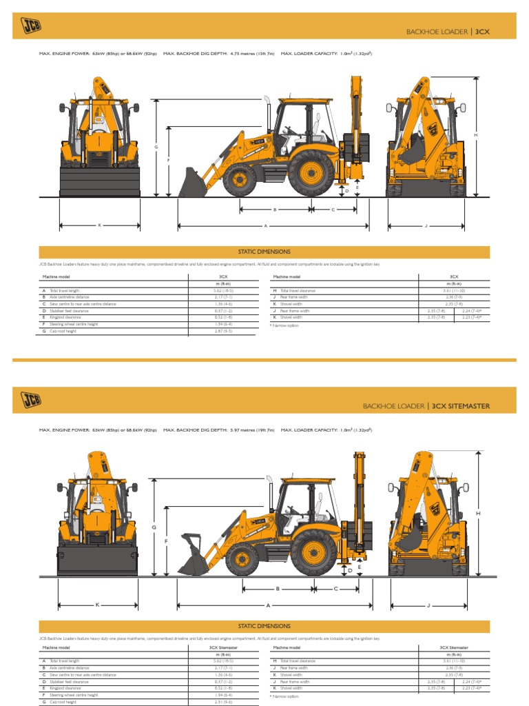 Detailed Specifications and Dimensions for the JCB 3CX Series Backhoe