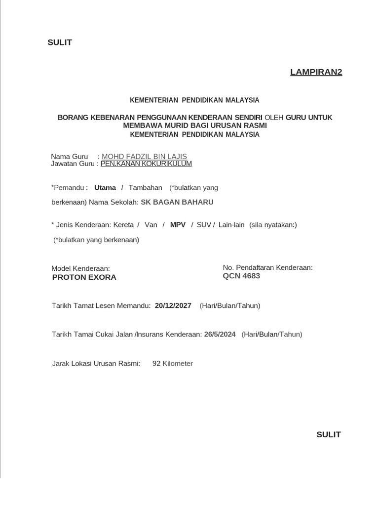 Borang Kebenaran Menggunakan Kenderaan Guru Sendiri 2 | PDF