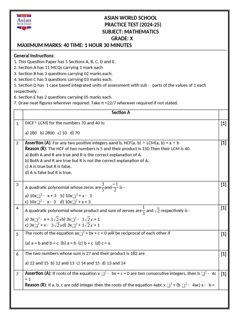 X Maths Practice Test | PDF
