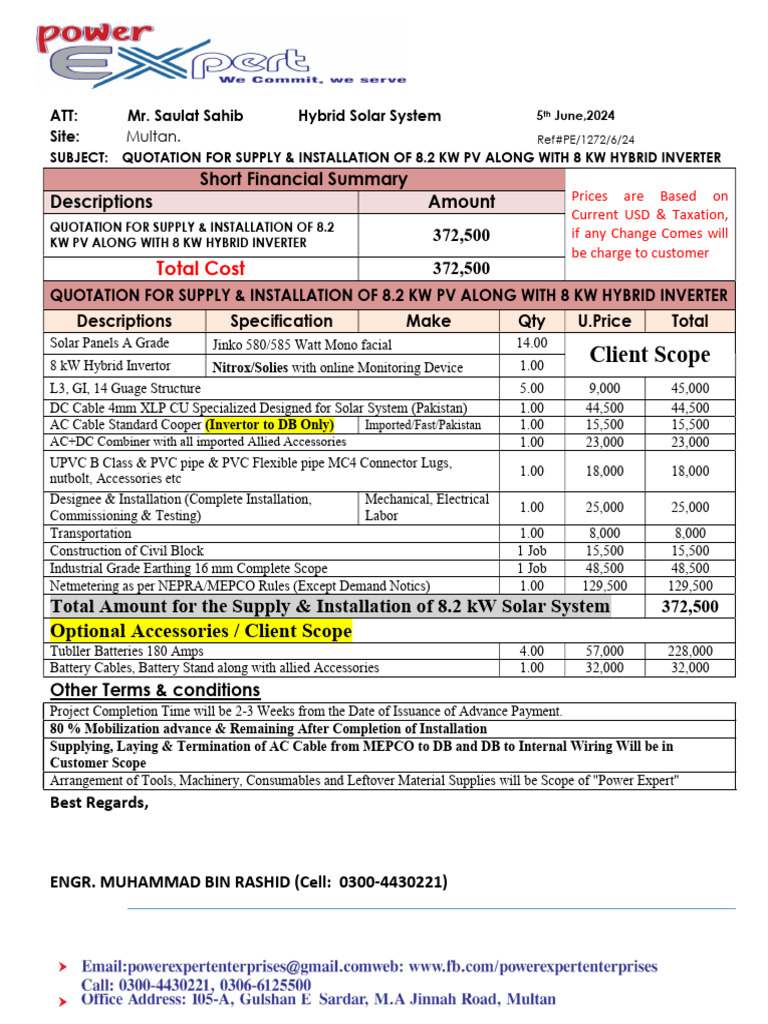 1272 - Quotation For Supply & Installation of 8.2 KW PV Alongwith 8 KW ...