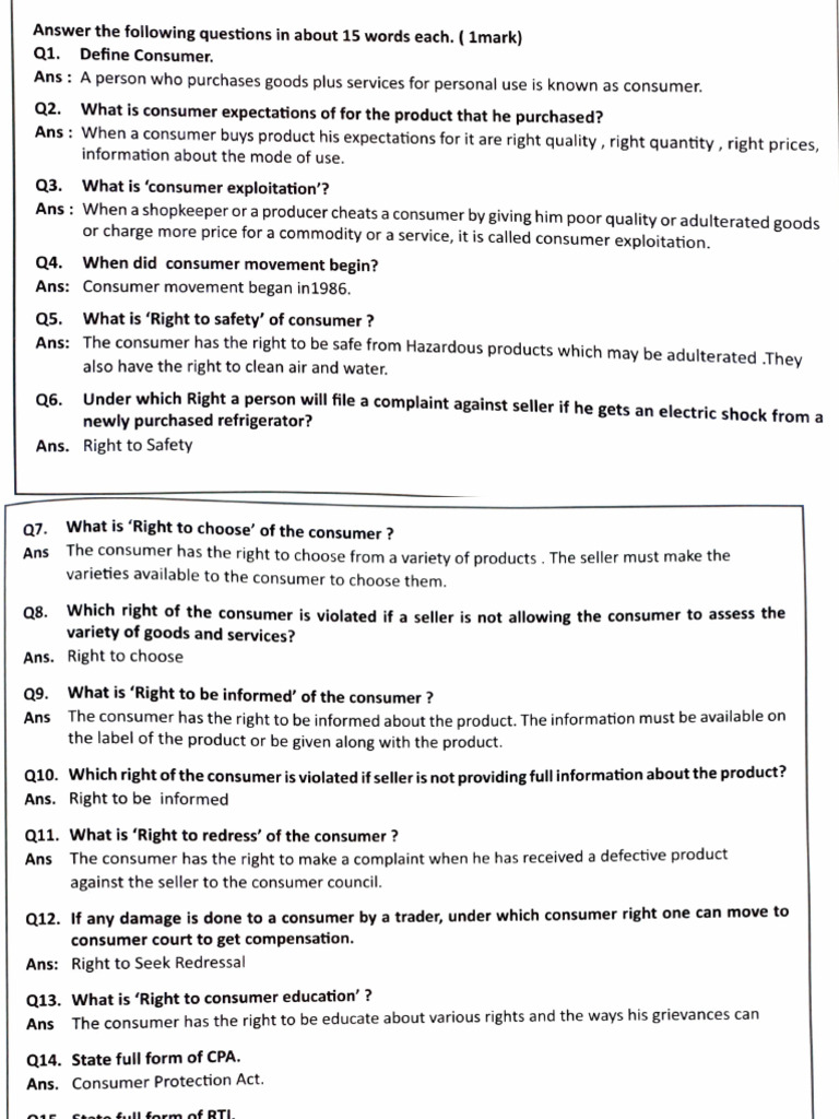 Rights of Consumers STD 10 Extra Questions | PDF