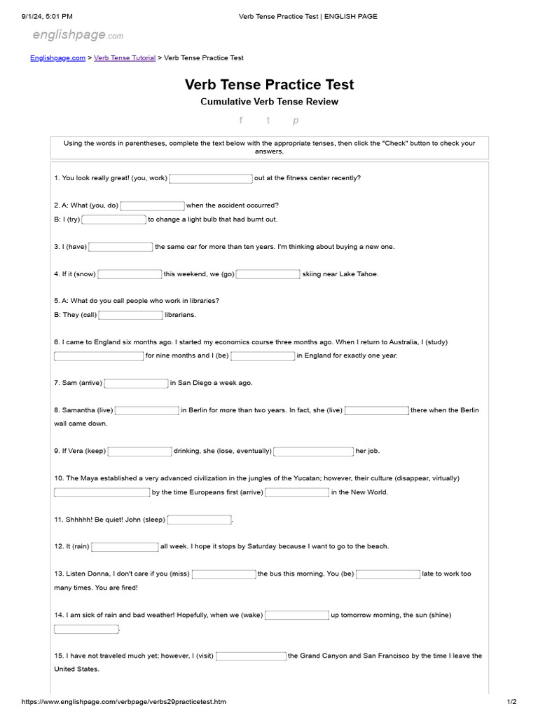 Verb Tense Practice Test - ENGLISH PAGE | PDF