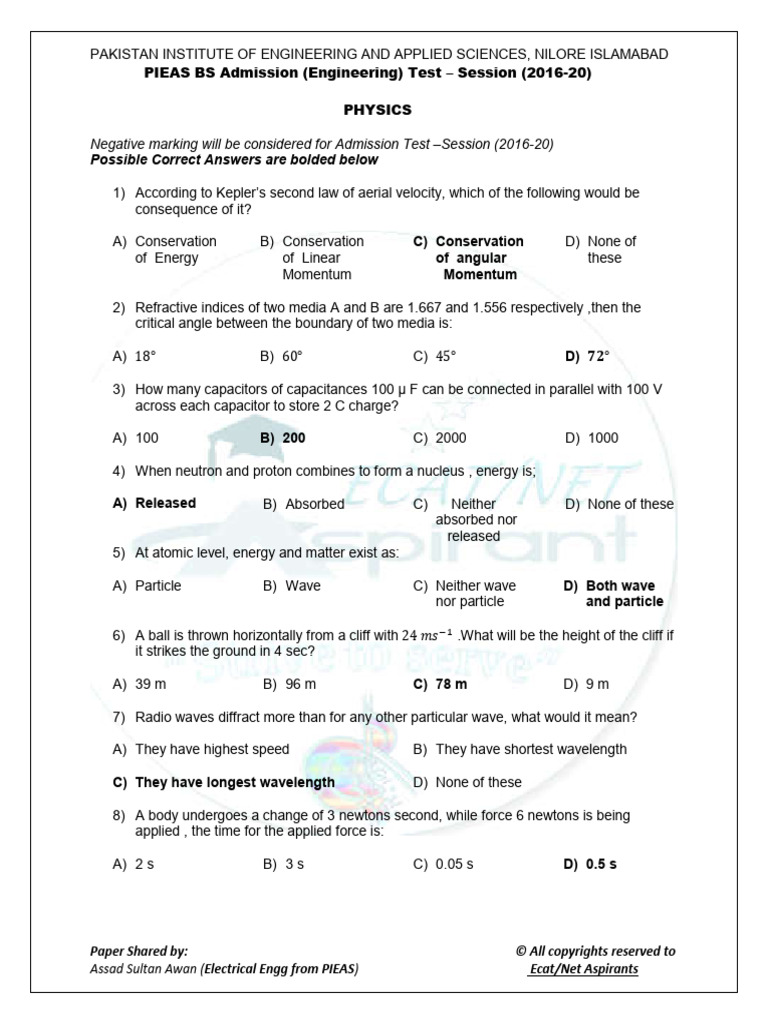 Physics Portion PIEAS 2016 | PDF