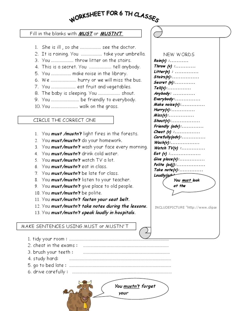 Must Mustn T Worksheet Pdf